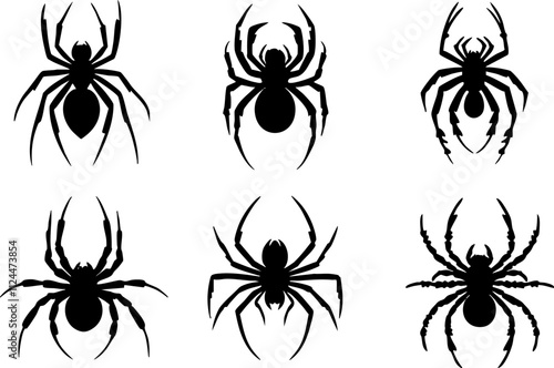 A collection of six spider silhouettes, perfect for designs related to nature, horror, or entomology.