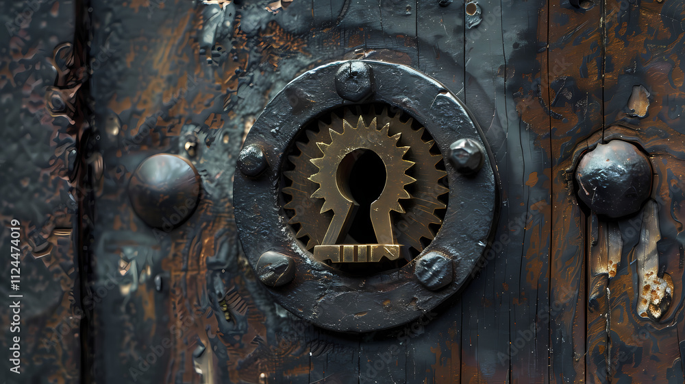 The Key to Success: A weathered metal door with a keyhole in the center, framed by intricate gears, suggests that progress and success are often unlocked through hard work, dedication. The Key to Success: A weathered metal door with a keyhole in the center, framed by intricate gears, suggests that progress and success are often unlocked through hard work, dedication.