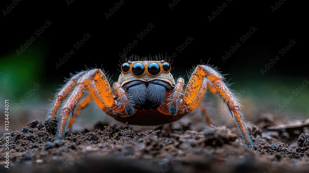 Close-Up of a Colorful Spider with Bright Orange Legs and Blue Eyes in a Natural Setting Close-Up of a Colorful Spider with Bright Orange Legs and Blue Eyes in a Natural Setting