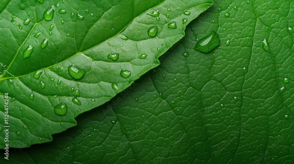 Fototapeta premium Close-Up View of Fresh Green Leaves with Water Droplets on a Vibrant Natural Background