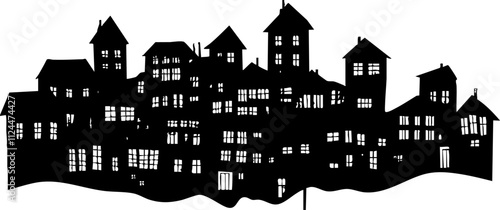 A detailed silhouette of a cityscape featuring various houses and buildings, ideal for nighttime illustrations or designs.