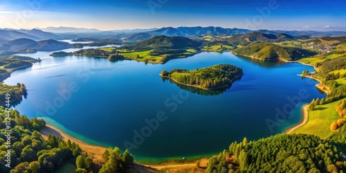 A top aerial view landscape of Sermo lake on a bright day , Sermo lake, aerial view, landscape, clear water photo