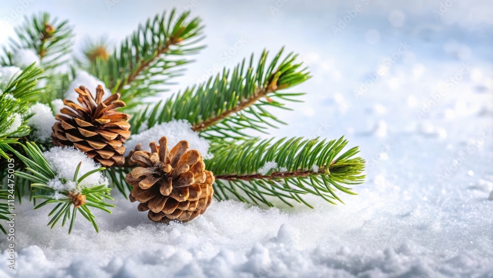 Fir branch with pine cones on fresh snow , winter, nature, evergreen, holiday, Christmas, cold, frost, crystal, serene Fir branch with pine cones on fresh snow , winter, nature, evergreen, holiday, Christmas, cold, frost, crystal, serene