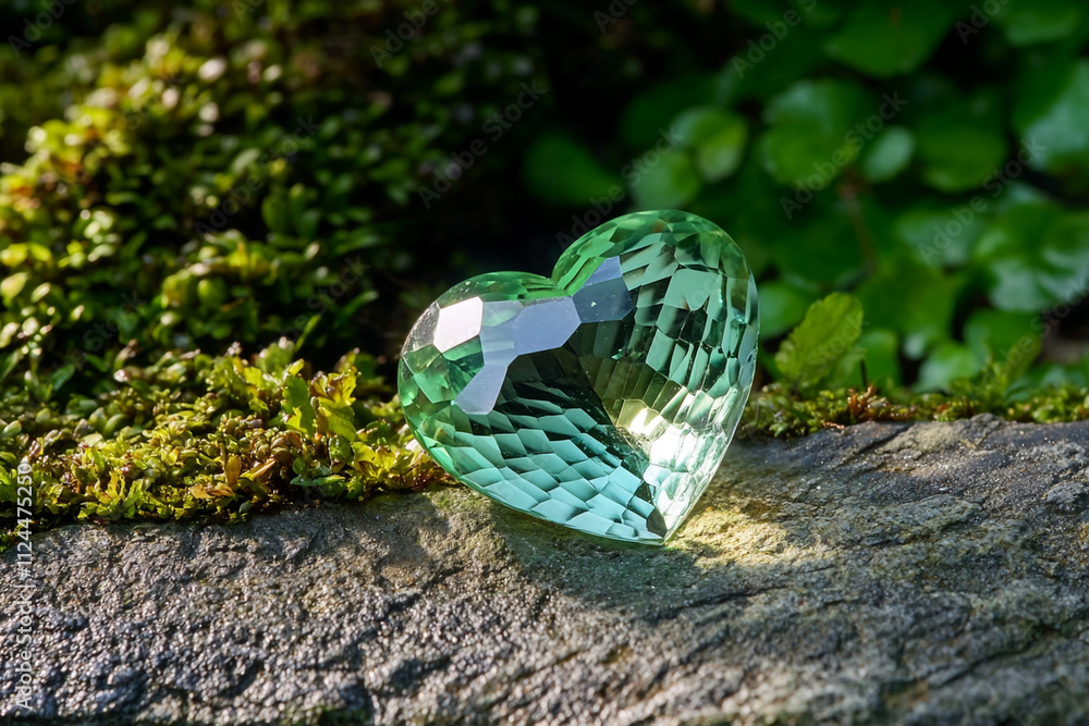 Heart-shaped green crystal resting on a stone in nature Heart-shaped green crystal resting on a stone in nature