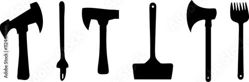 A collection of silhouette tools including an axe, hammer, spatula, and fork, suitable for various manual tasks.