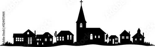 A stylized silhouette of a village featuring houses and a church against a simple landscape background.
