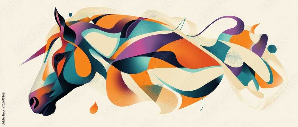 Obraz premium Vibrant Abstract Horse Illustration: Colorful Artistic Representation of a Majestic Equine with Fluid Shapes and Bold Patterns