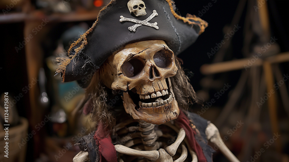 Pirate Skeleton with Grinning Skull and Bandana: A close-up of a pirate skeleton's grinning skull, adorned with a tattered bandana and a black pirate hat, creates a whimsical and eerie atmosphere. Pirate Skeleton with Grinning Skull and Bandana: A close-up of a pirate skeleton's grinning skull, adorned with a tattered bandana and a black pirate hat, creates a whimsical and eerie atmosphere.