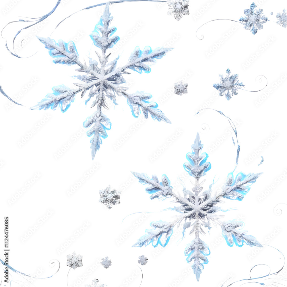 Snowflakes in intricate lace designs with glowing blue edges on a transparent background Snowflakes in intricate lace designs with glowing blue edges on a transparent background