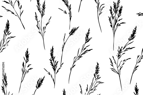 A seamless black and white pattern featuring delicate silhouettes of grass and leaves, perfect for textiles or backgrounds.