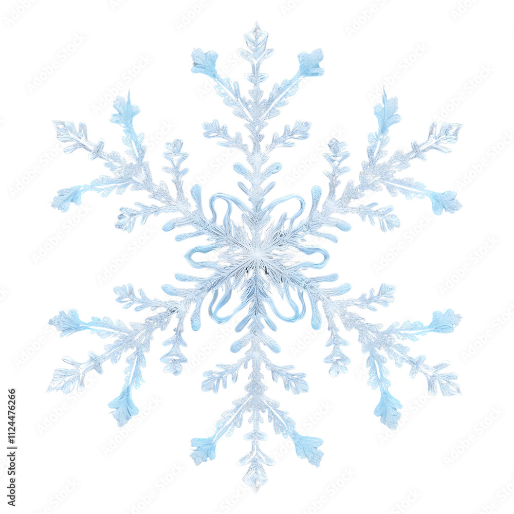 Snowflakes in intricate lace designs with glowing blue edges on a transparent background