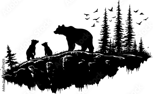 A striking silhouette of a bear and two cubs in a forested landscape, showcasing wildlife and nature.