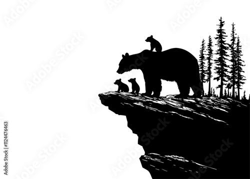 A striking black silhouette of a bear family against a white background, showcasing nature and wildlife in a scenic landscape.
