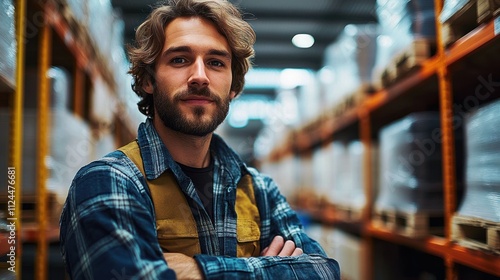 warehouse worker confident standing arms crossed in distribution facility