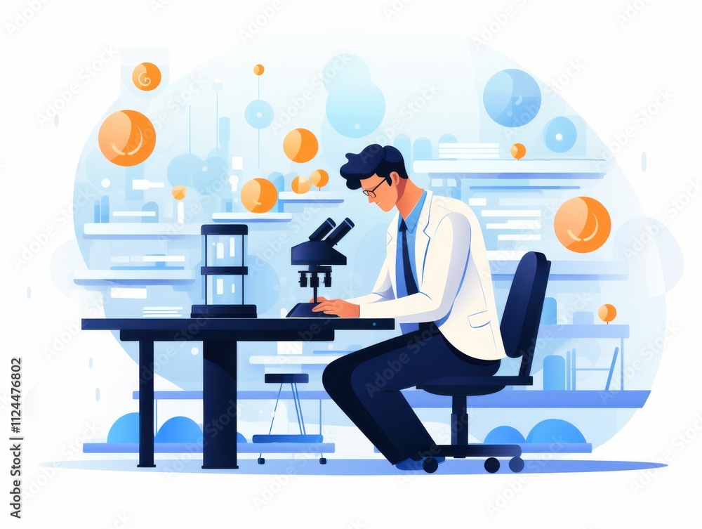 Scientist looking into microscope and analyzing tests in medical laboratory, illustration Scientist looking into microscope and analyzing tests in medical laboratory, illustration
