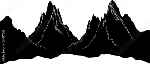 A minimalist black and white illustration of majestic mountains, perfect for nature-themed designs or backgrounds.