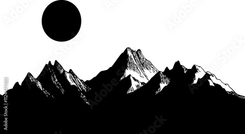 A minimalist black and white illustration of mountains with a circular sun, perfect for nature-themed designs and backgrounds.