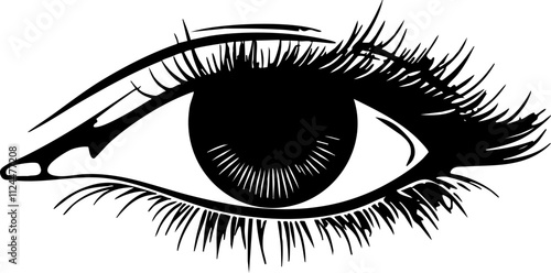 A stylized black and white illustration of an eye, emphasizing its features such as eyelashes and pupil.