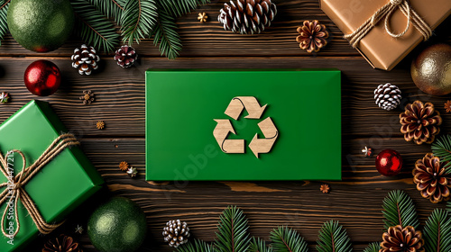 A green box with a recycling symbol on it surrounded by christmas decorations photo