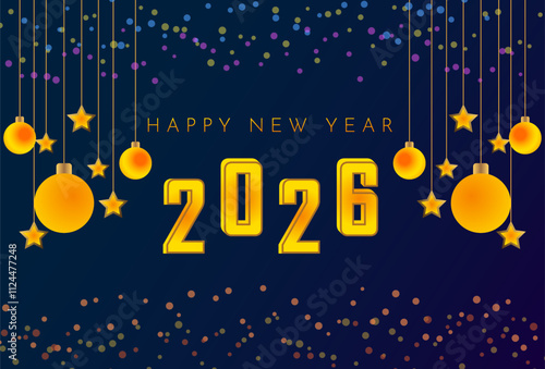 New Year 2026 and Christmas getting card background Celebration Display with Sparkling Decorations and Defocused Glittering Lights and stars