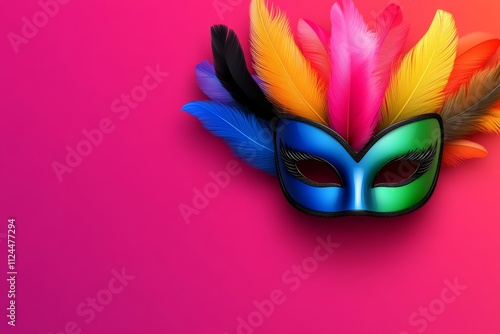 Colorful background with a mask and feathers. The mask is blue and the feathers are in various colors. The background is purple and orange