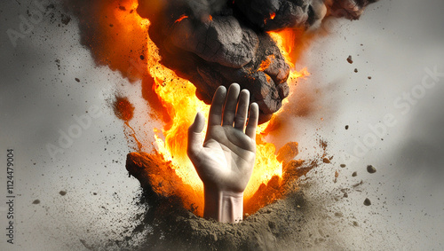 A striking visual of a hand rising from flames and smoke, symbolizing resilience and survival amid chaos. Ideal for themes of strength, adversity, and overcoming challenges. photo