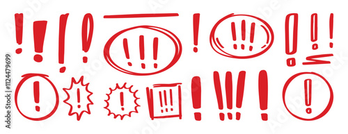 Exclamation mark doodle hand drawn icon set. Attention sign clipart symbol. Hazard warning drawing
