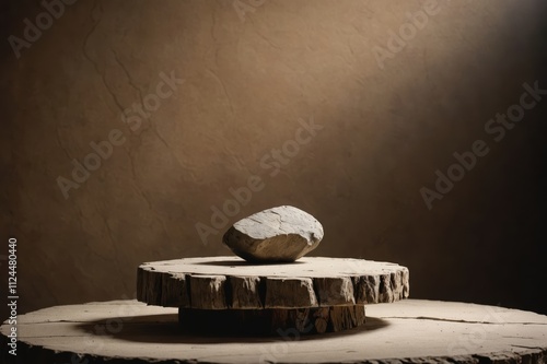 Empty stone podium with lights and shadows on brown background. Minimal backdrop. Round natural rock and piece of driftwood. Abstract pedestal or showcase for presentation. Minimal wabi sabi concept. photo