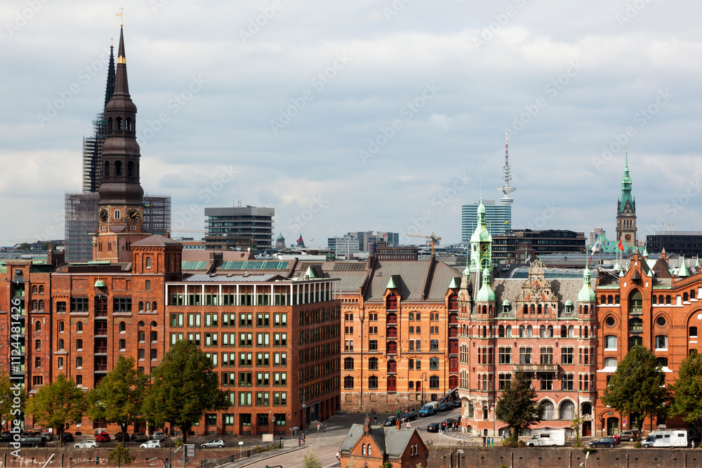 Fototapeta premium High angle view of buildings at Speicherstadt and Neustadt quarter of Hamburg