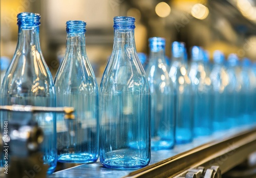 Transparent Blue Bottles on Production Line in Modern Factory for Packaging and Beverage Industry Applications