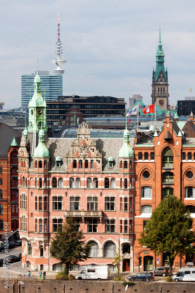 Fototapeta premium High angle view of historic HHLA headquarters building at Speicherstadt Hamburg
