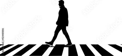 A minimalist silhouette of a man walking across a black and white crosswalk, emphasizing urban movement and style.