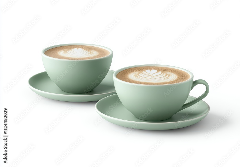 Two Elegant Mint Green Coffee Cups with Lattes and Beautiful Foam Art on a Minimalist White Background for Cafés and Home Decor Inspiration Two Elegant Mint Green Coffee Cups with Lattes and Beautiful Foam Art on a Minimalist White Background for Cafés and Home Decor Inspiration