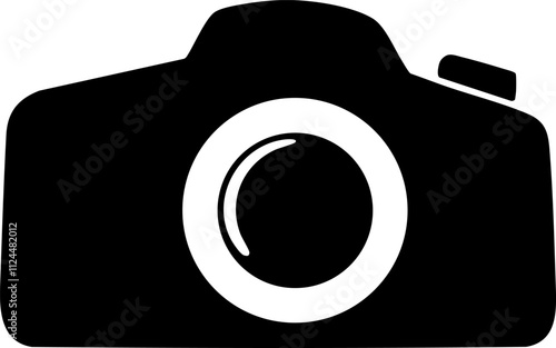 A minimalist black camera icon representing photography, suitable for various digital media and design projects.