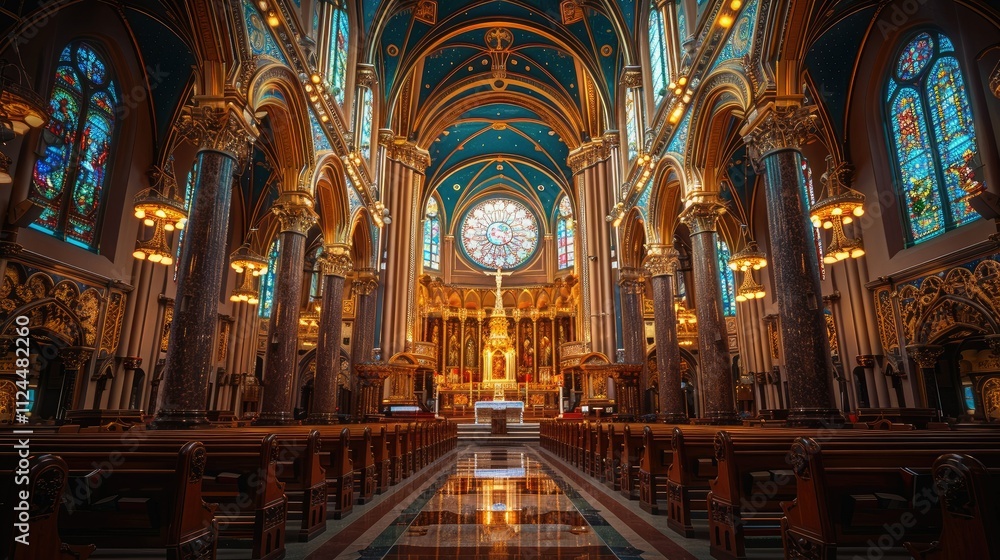 Naklejka premium Ornate church interior with stained glass windows, altar, and pews. (2)