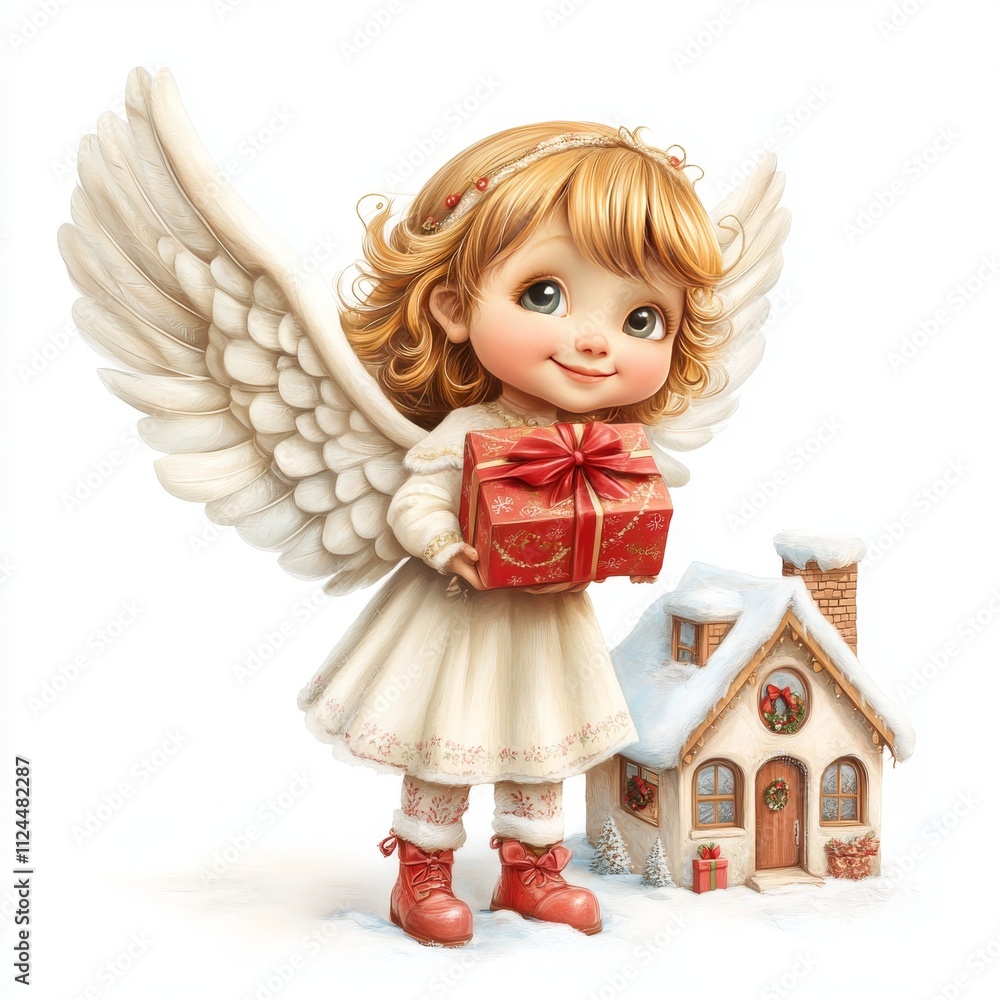 Fototapeta premium Beautiful Angel Girl with Wings Holding a Christmas Present in Front of a Cozy Holiday Home