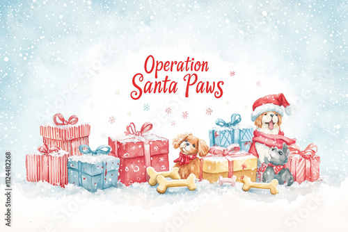 Operation Santa Paws. Pile of wrapped presents, dog bones, and a festive gingerbread house. Christmas card.