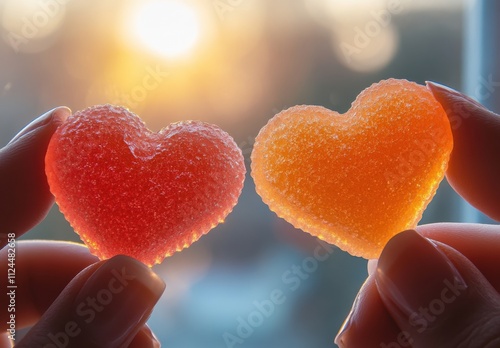 Two Heart-Shaped Gummies in Hand Against a Warm Sunset Background, Representing Love, Friendship, and Sweet Memories in a Cozy Atmosphere