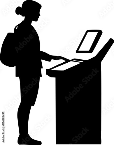 A silhouette of a person interacting with a kiosk, symbolizing modern technology and digital communication.