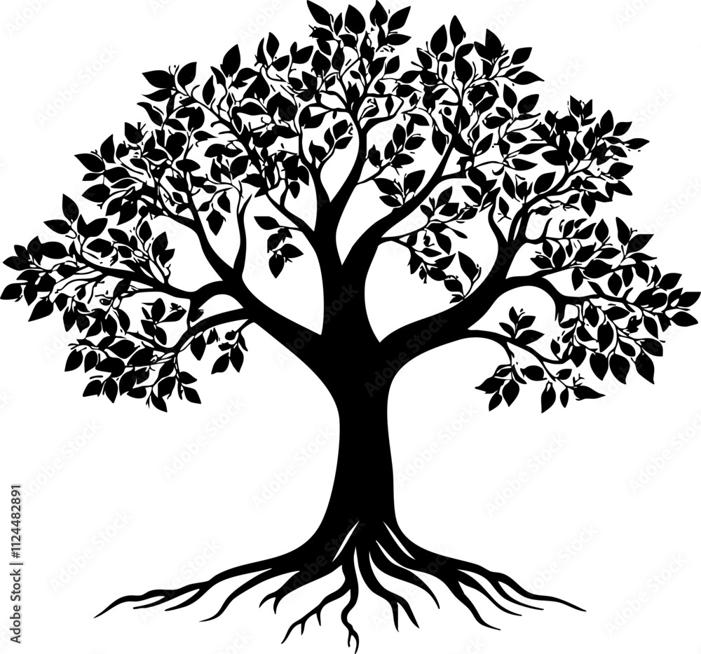 A detailed black silhouette of a tree with intricate leaves and roots, perfect for nature-themed designs and illustrations. A detailed black silhouette of a tree with intricate leaves and roots, perfect for nature-themed designs and illustrations.
