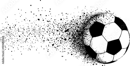 A dynamic illustration of a soccer ball in motion, creating a splash effect with black dots, ideal for sports-themed designs.