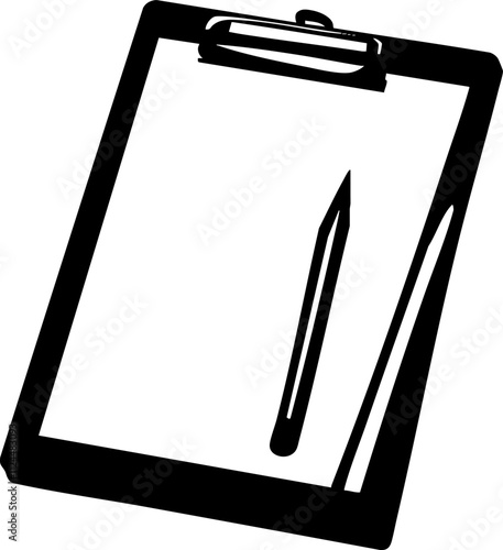 A black and white illustration of a clipboard with a pencil, ideal for office or school-related contexts.