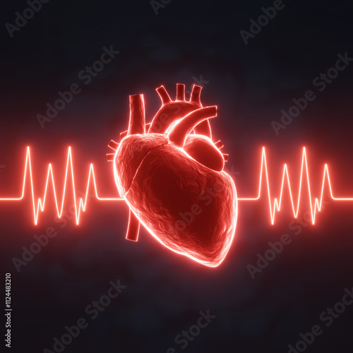 Glowing red human heart with pulse line on a dark blue background. X-ray hologram. 3d-rendering