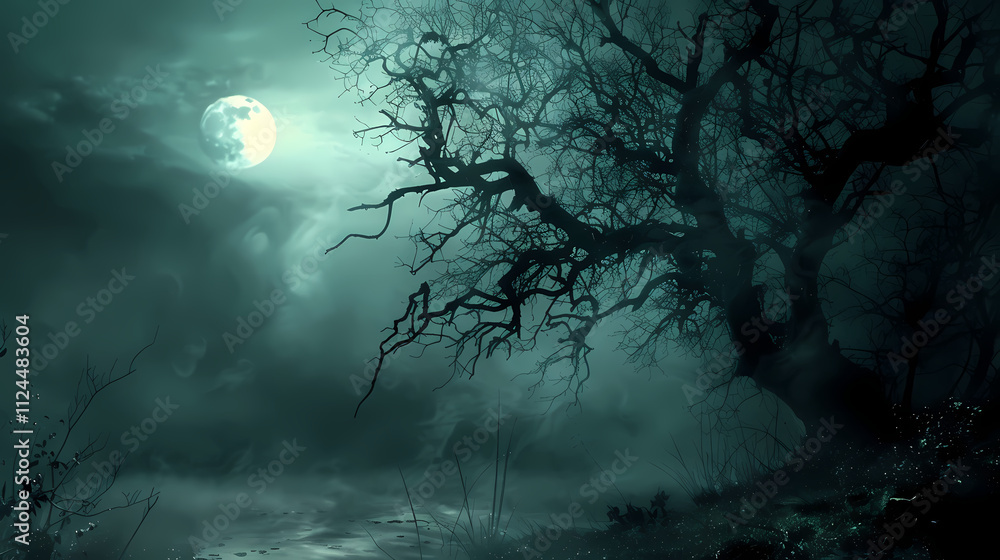 Eerie Moonlight: A hauntingly beautiful image of a gnarled tree silhouetted against a full moon, bathed in an ethereal, moonlit glow. The misty. Eerie Moonlight: A hauntingly beautiful image of a gnarled tree silhouetted against a full moon, bathed in an ethereal, moonlit glow. The misty.