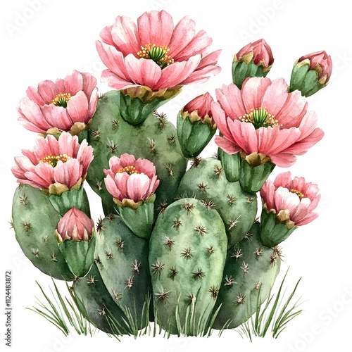 Blooming Desert Beauty: A vibrant watercolor painting of a prickly pear cactus in full bloom, showcasing delicate pink flowers and lush green pads against a white background.