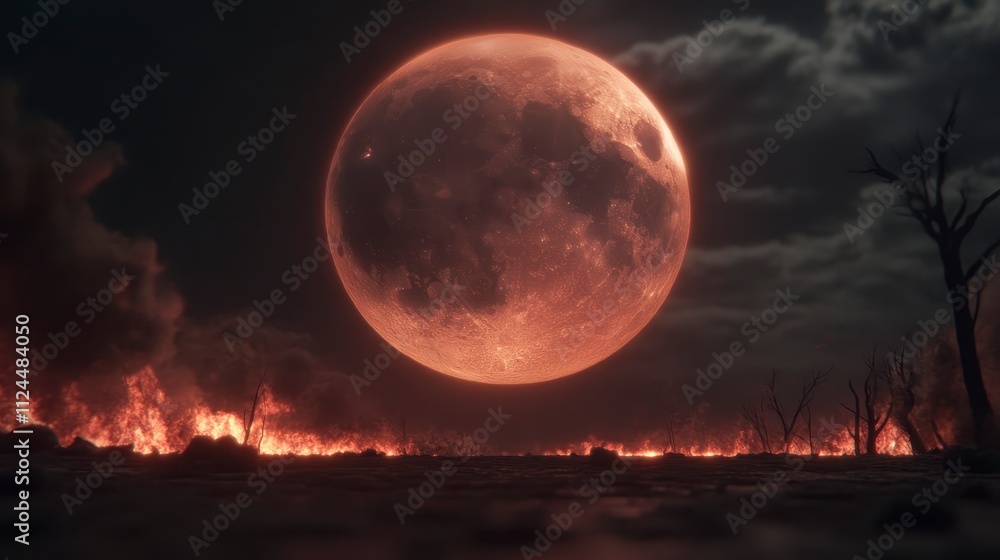 Fototapeta premium Apocalyptic Blood Moon Landscape Fire Night Disaster