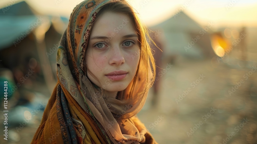 portrait of a young Muslim refugee girl, beautiful woman with long hair, against the background of a refugee camp, sad mood, sad look, world Refugee Day portrait of a young Muslim refugee girl, beautiful woman with long hair, against the background of a refugee camp, sad mood, sad look, world Refugee Day