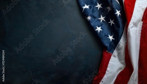 Close-Up of a Wrinkled American Flag with Stars and Stripes Draped Over a Textured Dark Background, Ideal for Patriotic Themes, USA Holidays Like Presidents’ Day, Independence Day, Veterans Day photo