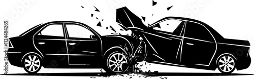 A graphic illustration depicting a car accident, showcasing two vehicles colliding with visible damage and debris.