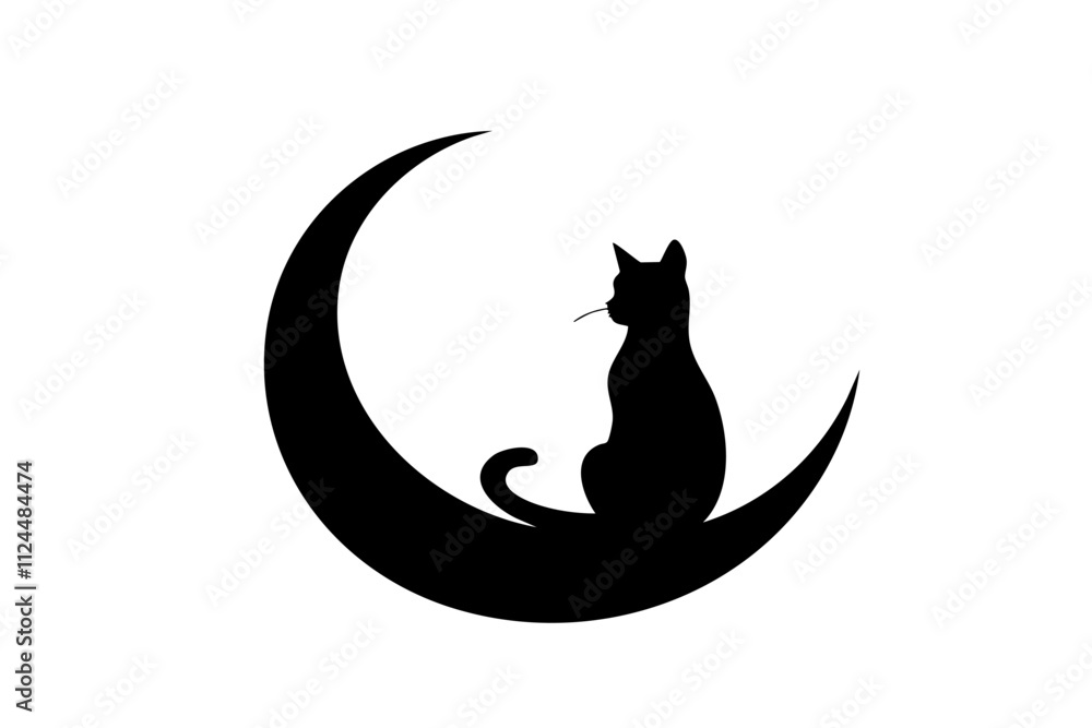 Naklejka premium A serene silhouette of a cat sitting on a crescent moon, evoking a peaceful night atmosphere.